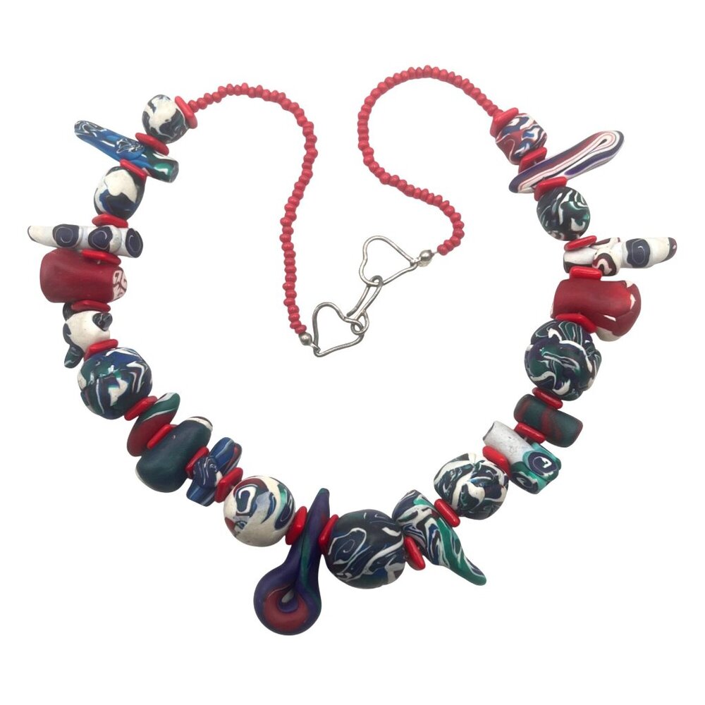 Vintage Handmade Polymer Clay Necklace Sterling Silver Clasp 24" Red Blue Art - Picture 3 of 16